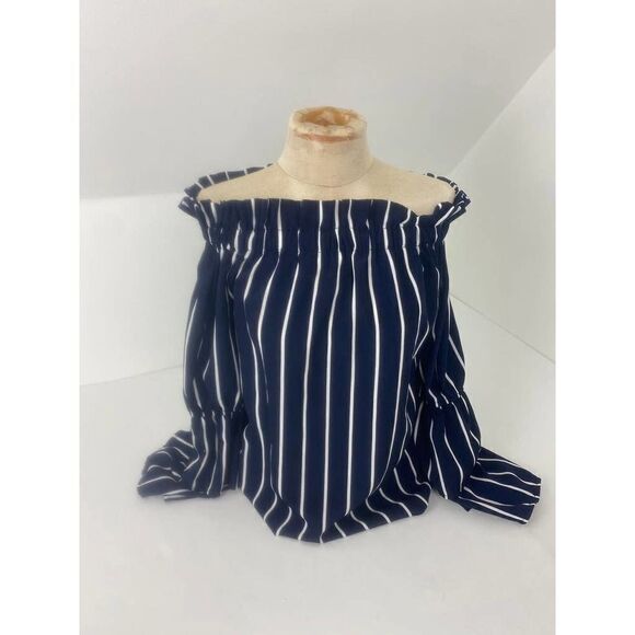 Off Shoulder Blue White Striped Blouse with Bell Sleeves - Approx. Size 2 - Picture 2 of 7